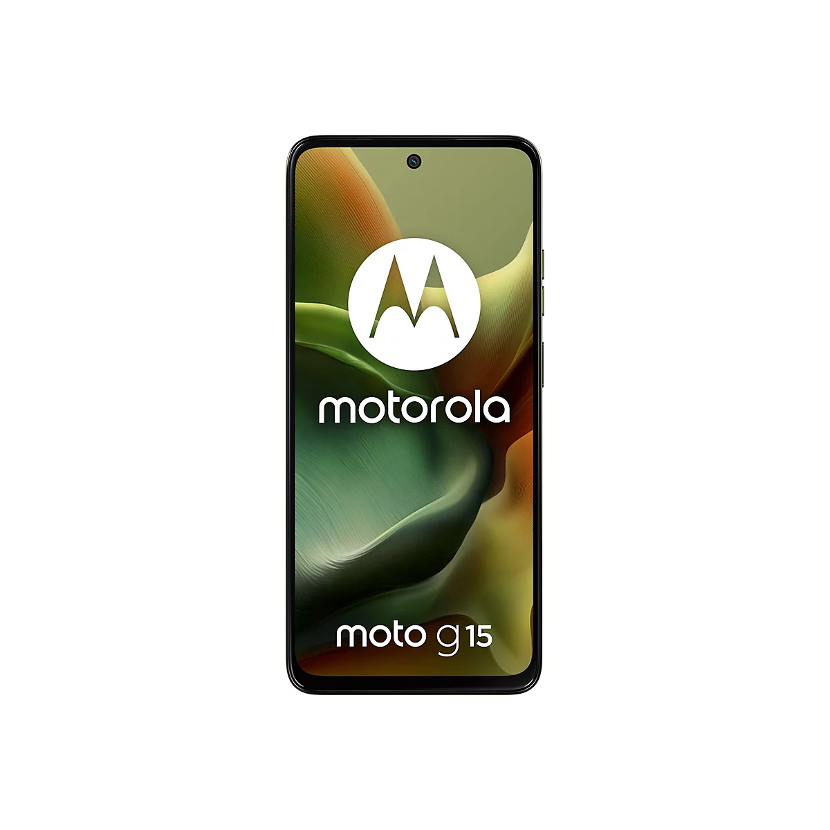 Smartphone Motorola Moto G15 vor weißem Hintergrund. Auf dem Display ist das Motorola-Logo zu sehen.