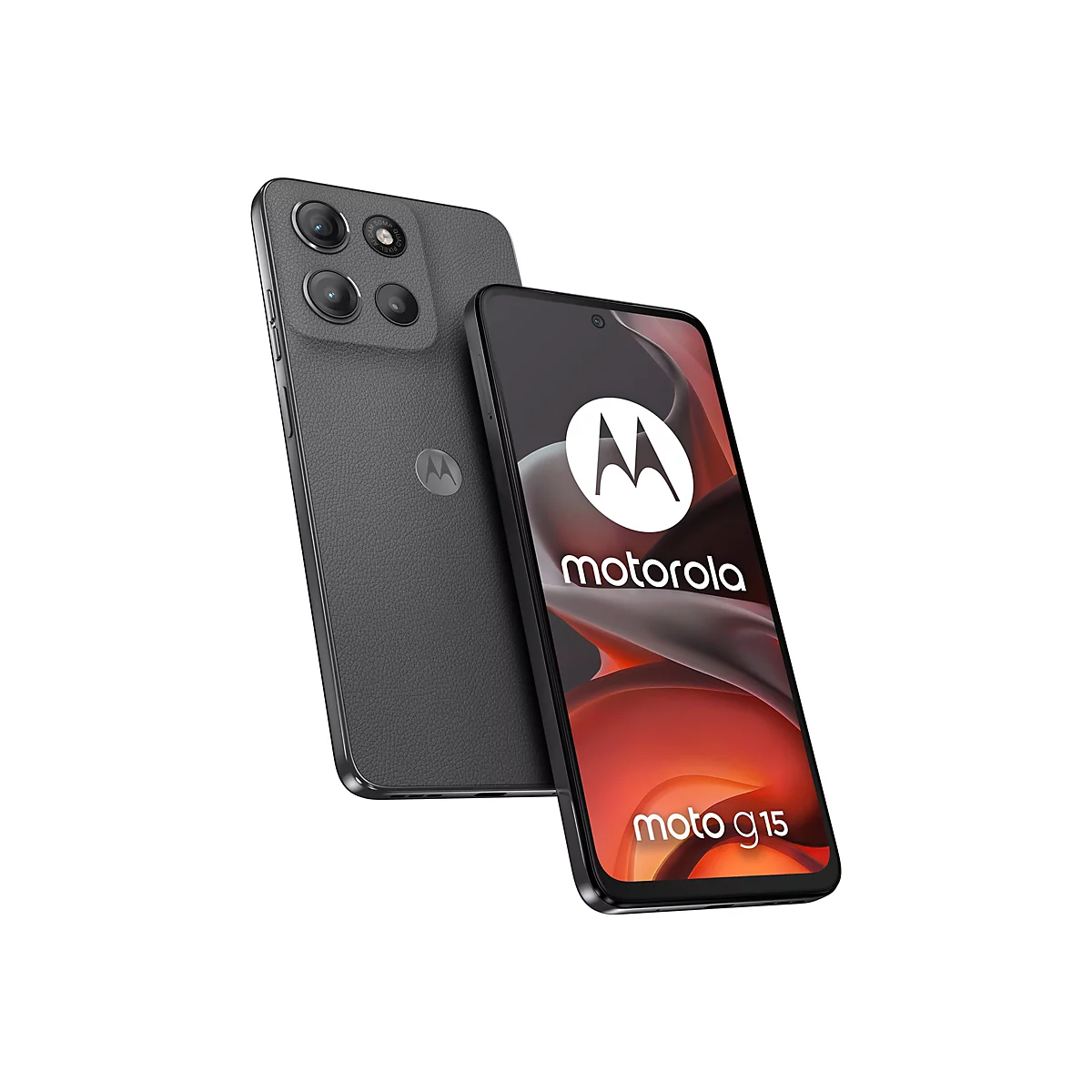Zwei graue Smartphones vor weißem Hintergrund. Das vordere zeigt das Motorola-Logo und moto g15.
