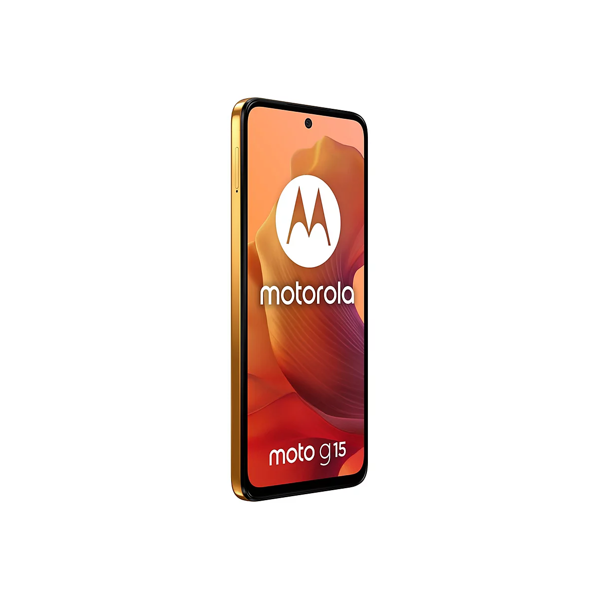 Goldfarbenes Smartphone, im Vordergrund, auf dem Bildschirm Motorola-Logo, darunter Schriftzug moto g15. Der Hintergrund ist weiß.