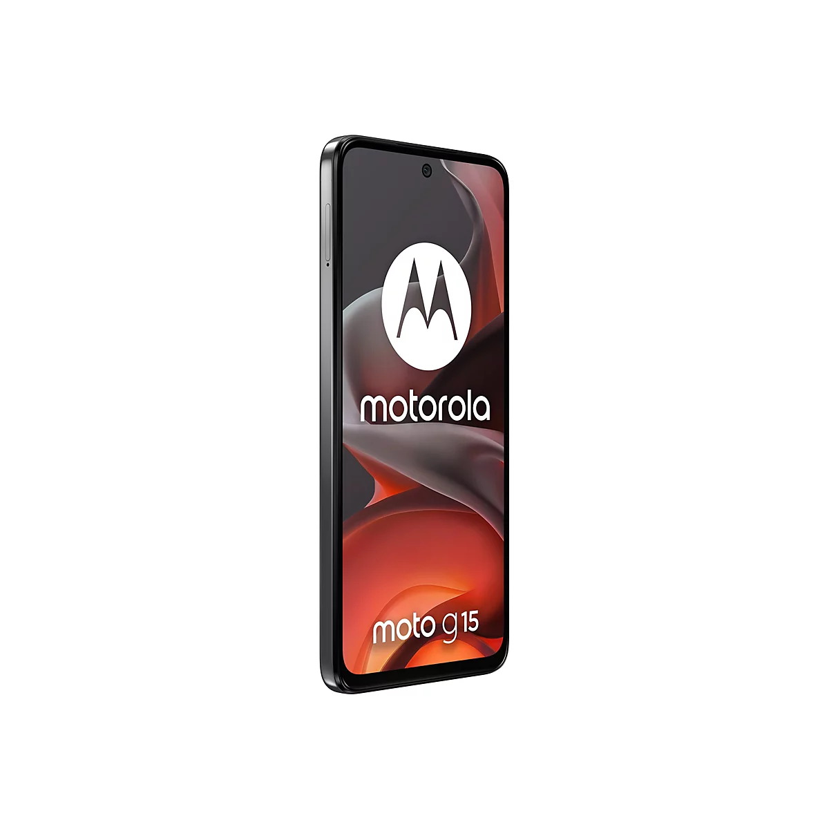 Ein schwarzes Motorola Moto G15 Smartphone mit weißem Motorola-Logo und rotem Hintergrund. Schriftzug: moto g15.