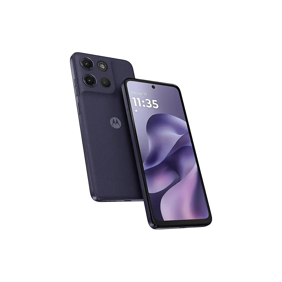 Zwei blaue Smartphones, eines mit Bildschirm, Datum 23. April, 11:35 Uhr. Rückseite mit Kameras, Motorola-Logo.