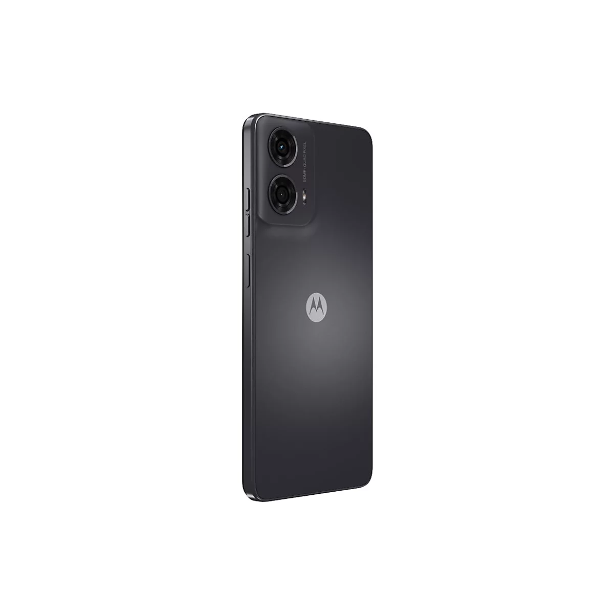 Dunkelgraues Smartphone, seitlich geneigt. Auf der Rückseite Motorola-Logo, oben Kamera und Blitz.