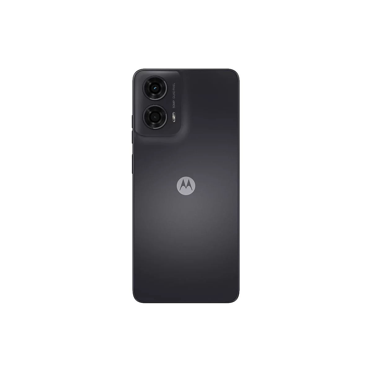 Dunkelgraues Smartphone mit doppeltem Kamera-Modul, Motorola-Logo, im Hochformat.