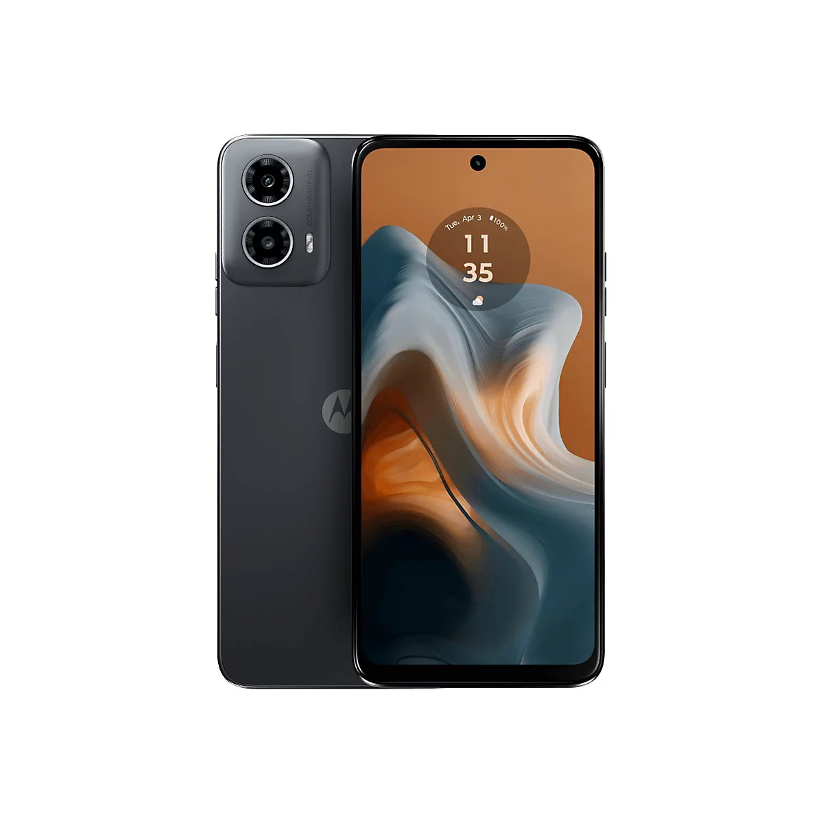 Dunkelgraues Smartphone mit Front- und Rückansicht. Auf dem Display: Uhrzeit 11:35.