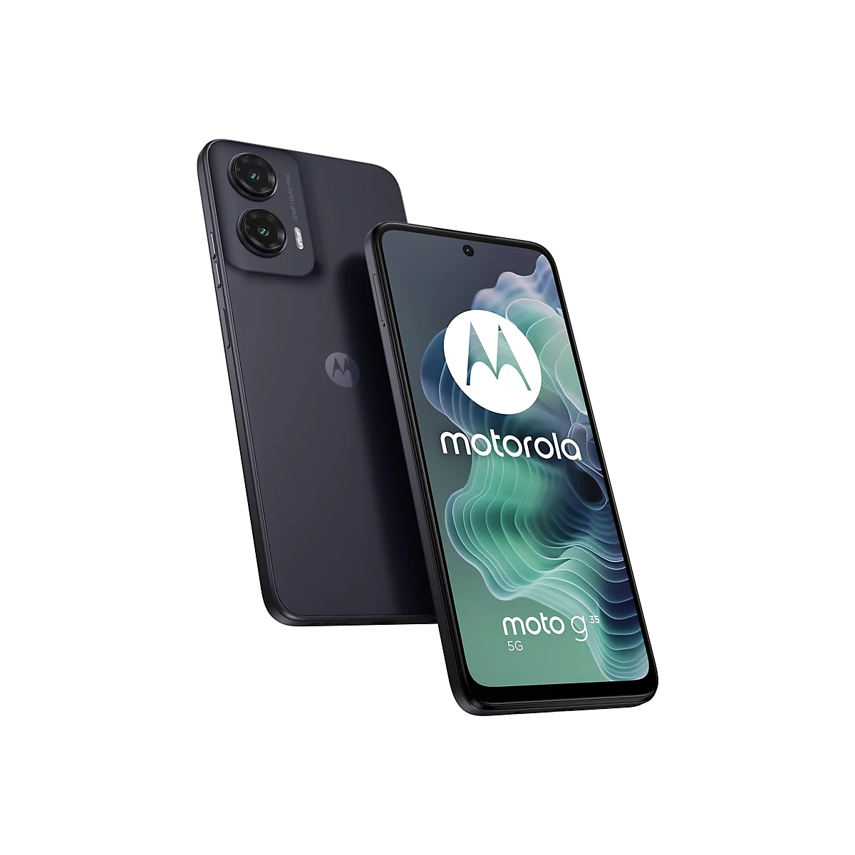 Zwei schwarze Motorola Smartphones vor weißem Hintergrund. Das vordere Smartphone zeigt das Motorola-Logo und den Schriftzug "moto g35 5G".