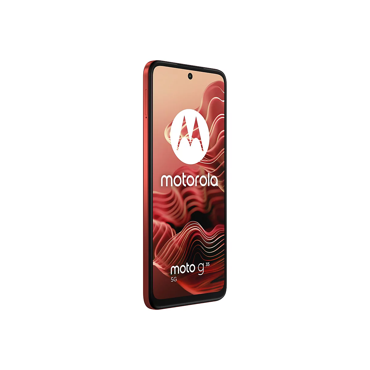 Rotes Motorola Moto g35 Smartphone, Display mit Logo und Schriftzug, roter Hintergrund.
