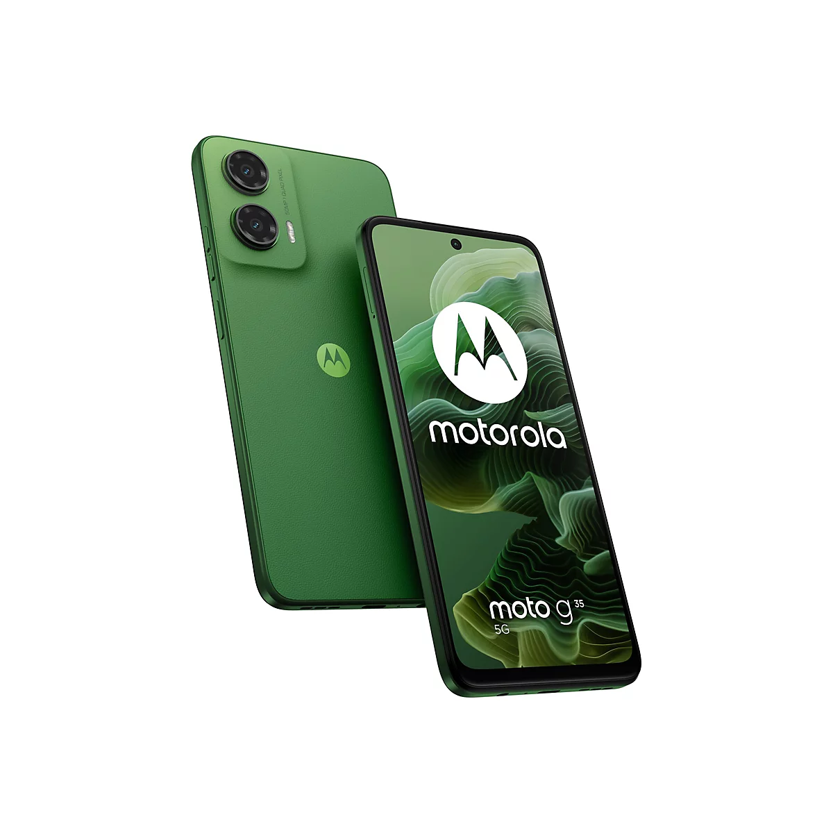 Zwei grüne Smartphones: Eines ist leicht geneigt, das andere steht aufrecht. Beide zeigen das Motorola-Logo und den Schriftzug "moto g35 5G".