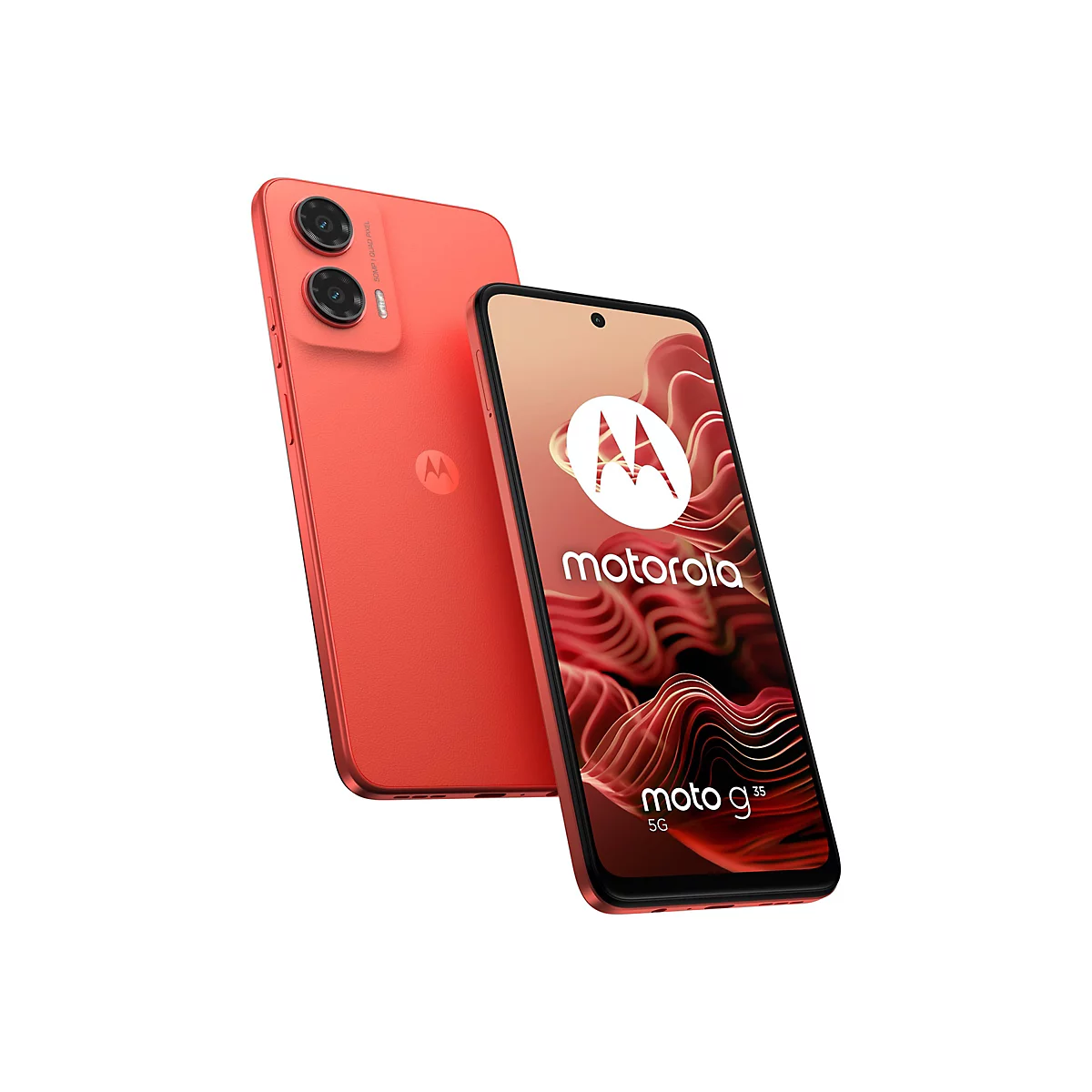 Zwei rote Smartphones, diagonal angeordnet. Eines zeigt das Motorola-Logo und die Aufschrift Moto g³⁵ 5G.