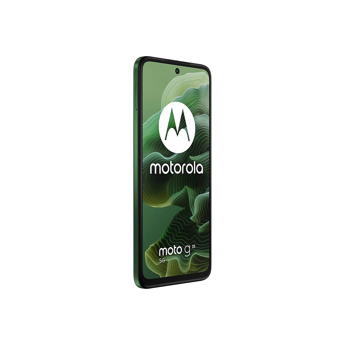 Grünes Smartphone von Motorola. Auf dem Bildschirm ist das Motorola-Logo zu sehen, mit dem Schriftzug "motorola" darunter. Auf der rechten Seite steht "moto g35 5G".