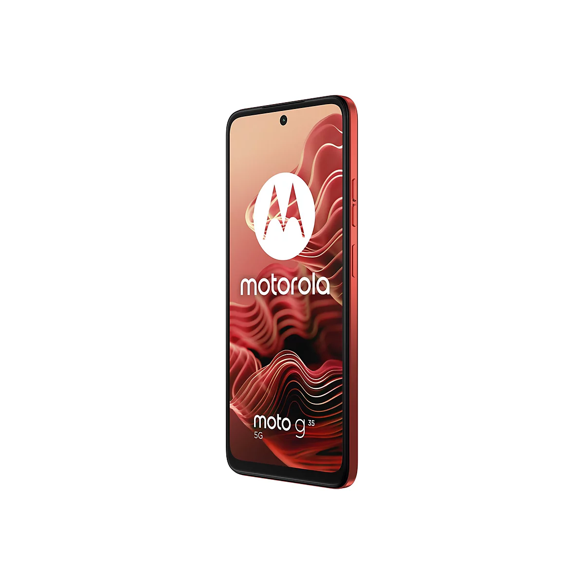 Rotes Motorola Moto g35 Smartphone, Display mit Motorola Logo und Wellenmuster.