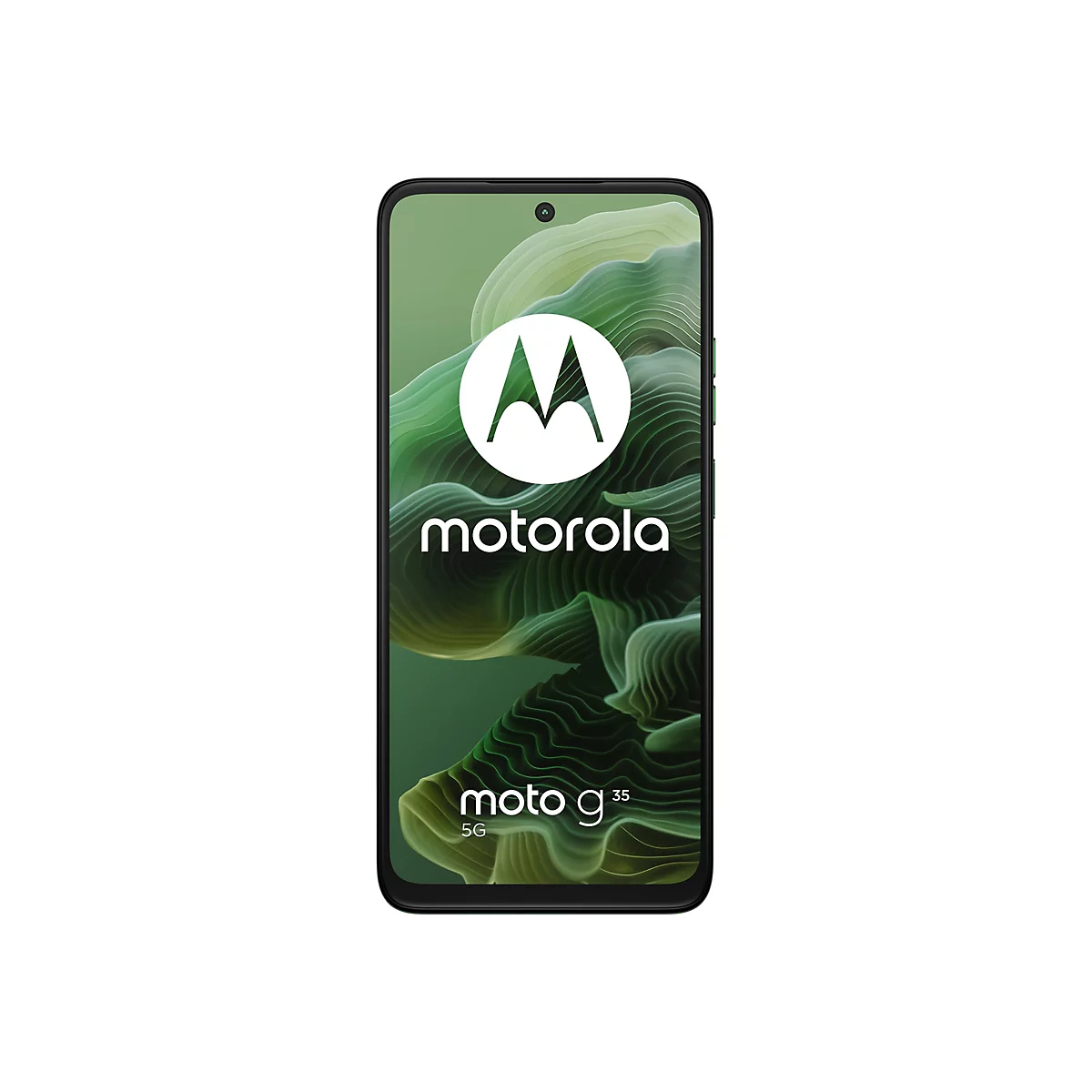 Ein schwarzes Motorola Moto G 35 5G Smartphone. Auf dem Bildschirm ist ein Logo und der Schriftzug Motorola zu sehen.