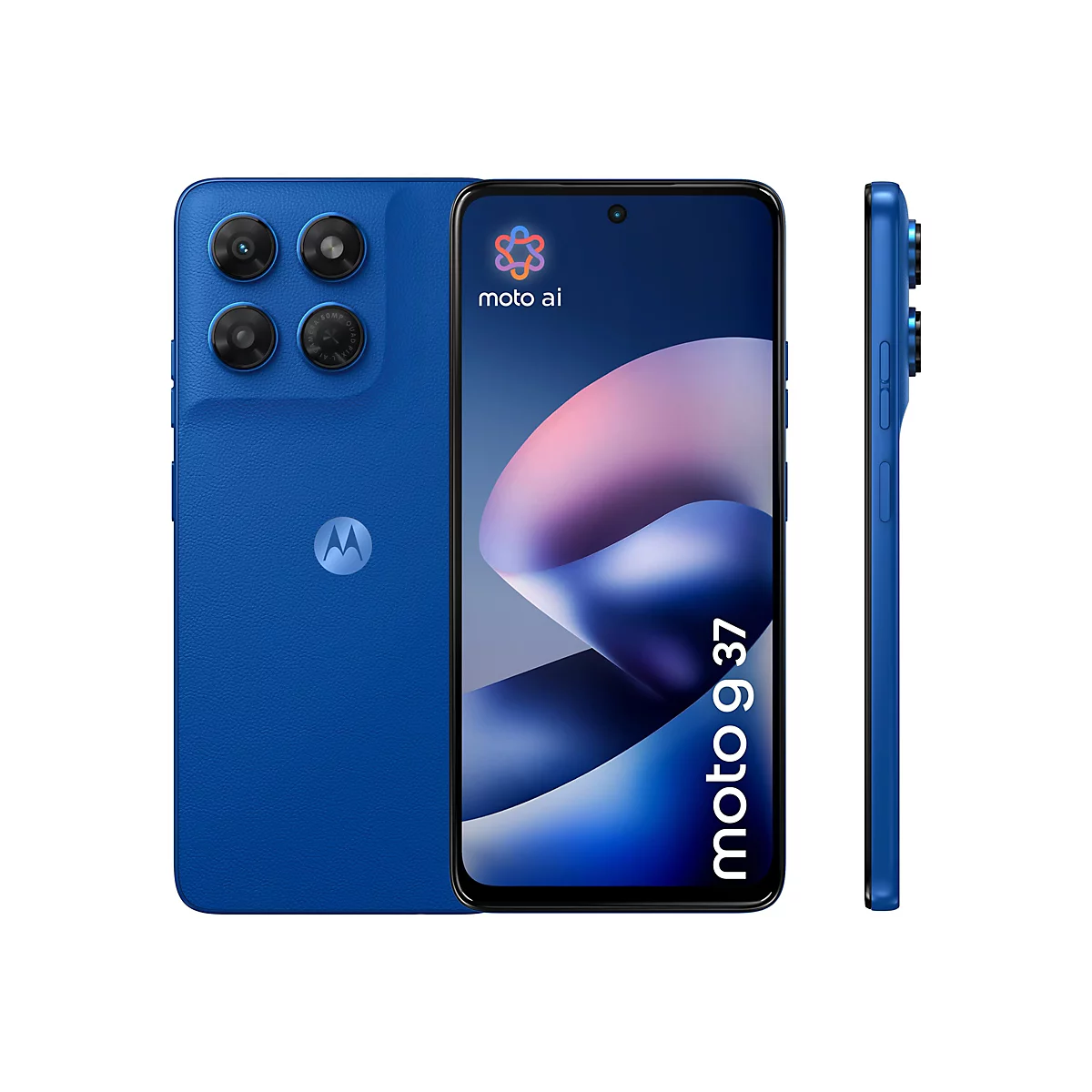 Blaues Motorola moto g 37 Smartphone aus Front-, Rück- und Seitenansicht vor weißem Hintergrund.