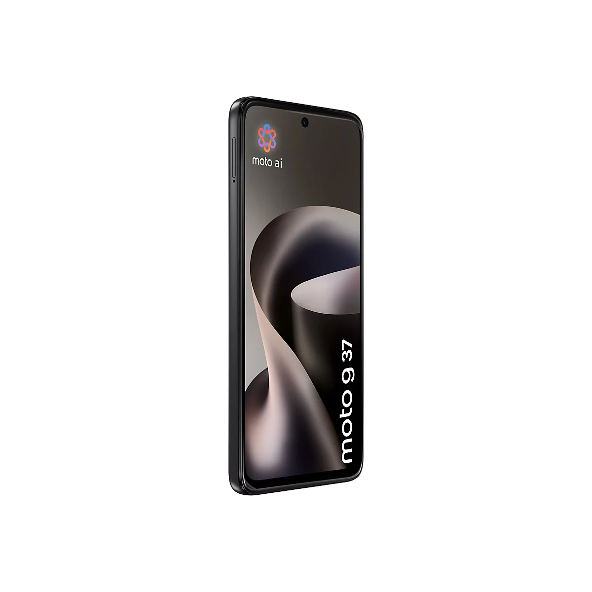 Schwarzes Moto G 37 Smartphone, leicht schräg dargestellt, mit Moto AI Logo und Schriftzug auf dem Display.