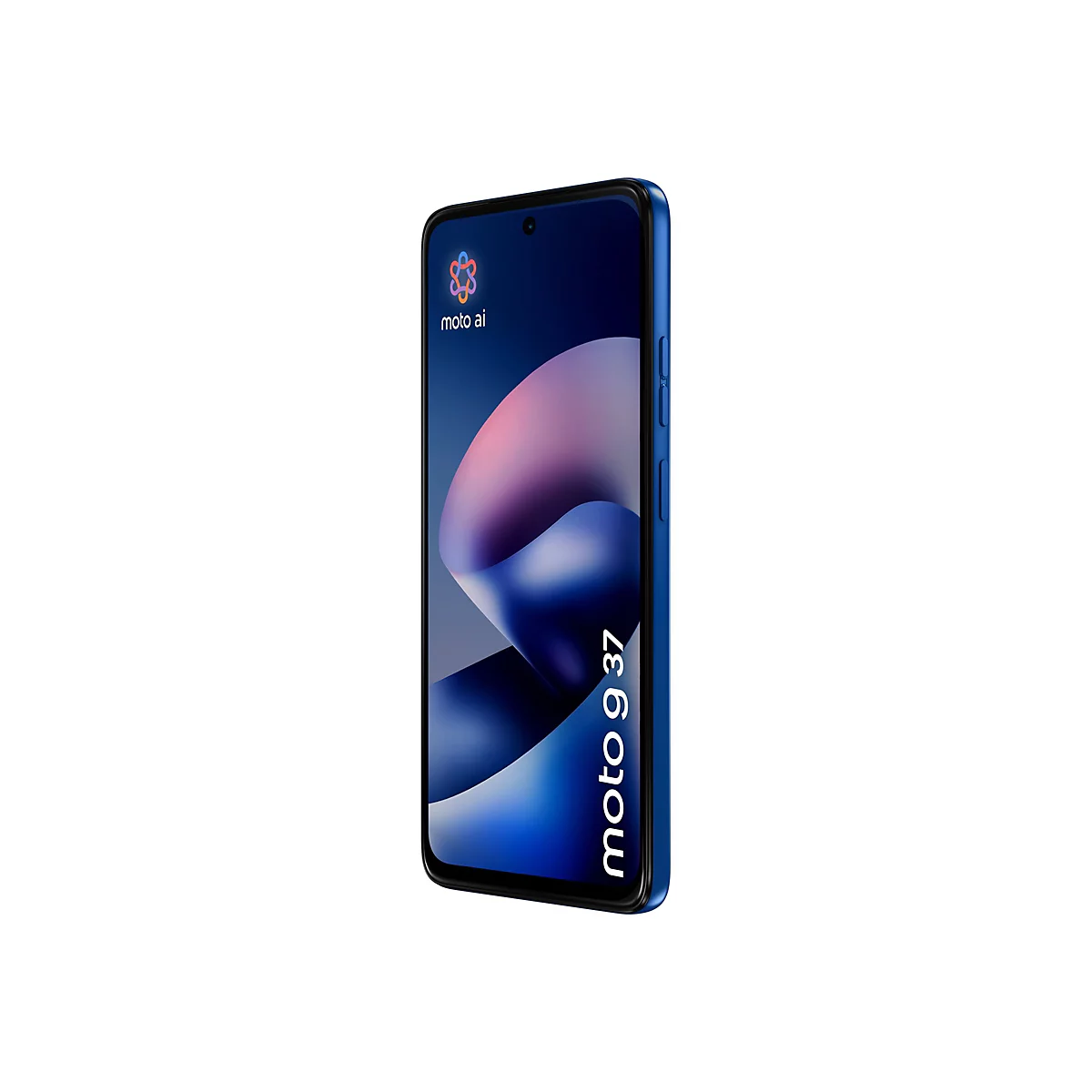 Blaues Motorola Smartphone im Querformat, Bildschirm zeigt moto ai Logo und Schriftzug moto g 37.