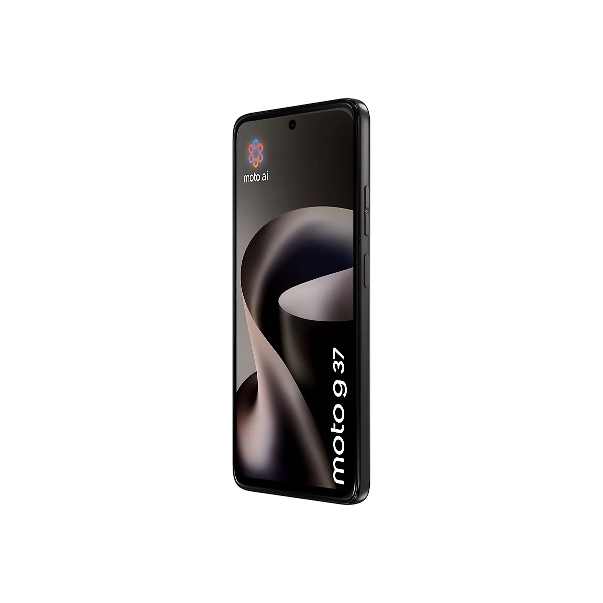 Schwarzes Motorola Moto g 37 Smartphone, leicht schräg von vorne vor weißem Hintergrund.