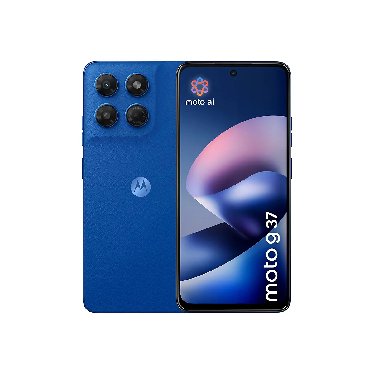 Blaues Motorola Smartphone mit Quad-Kamera-Modul und Moto AI Logo auf dem Display vor weißem Hintergrund.