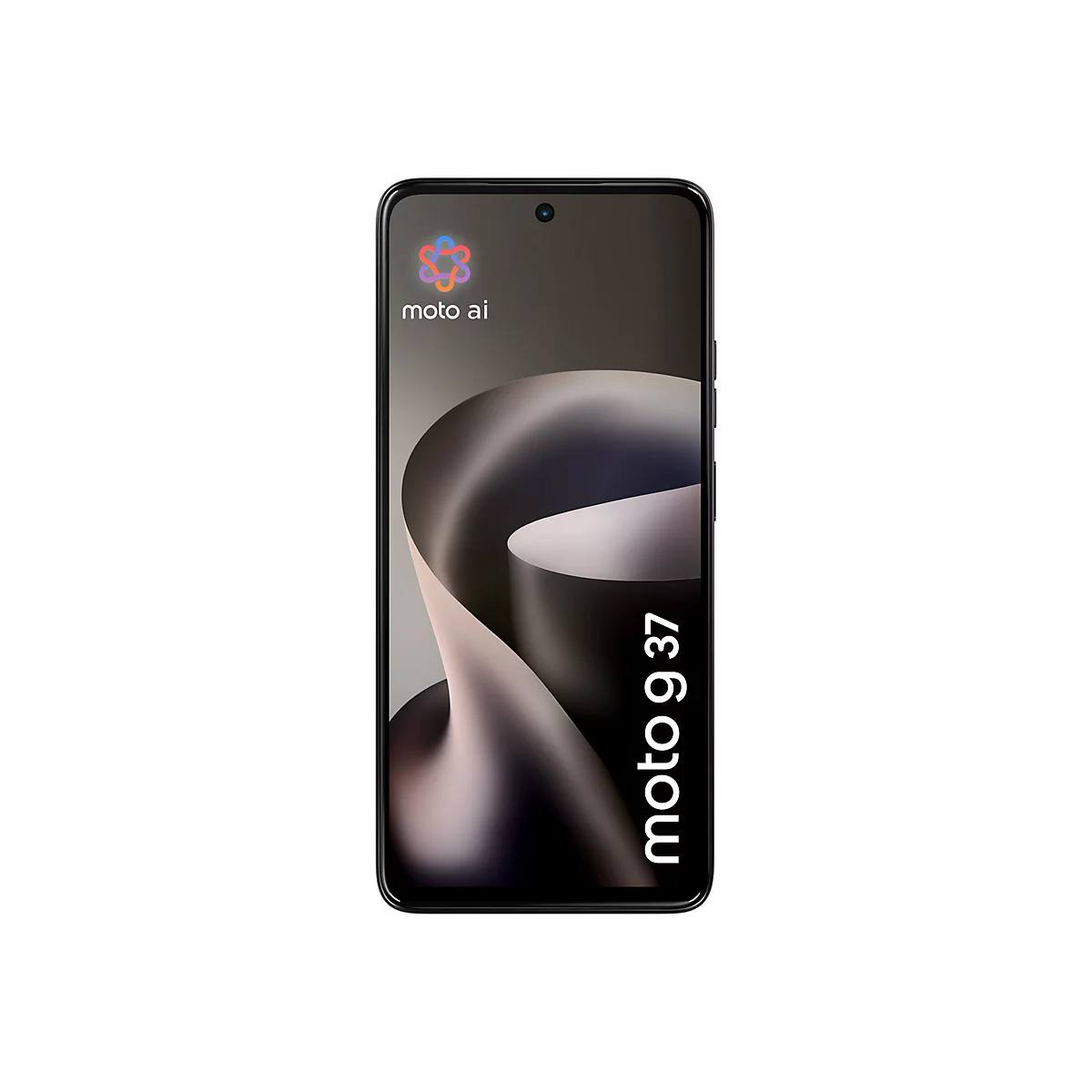 Schwarzes Motorola Moto g 37 Smartphone mit 'moto ai' Logo und geschwungenem abstrakten Displayhintergrund.