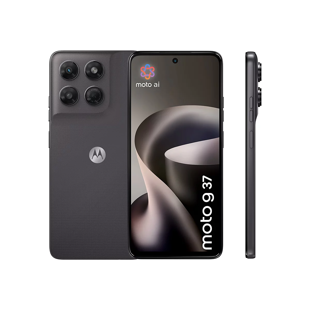 Dunkelgraues Motorola moto g 37 Smartphone, Vorder- und Rückseite sowie Seitenansicht vor weißem Hintergrund.