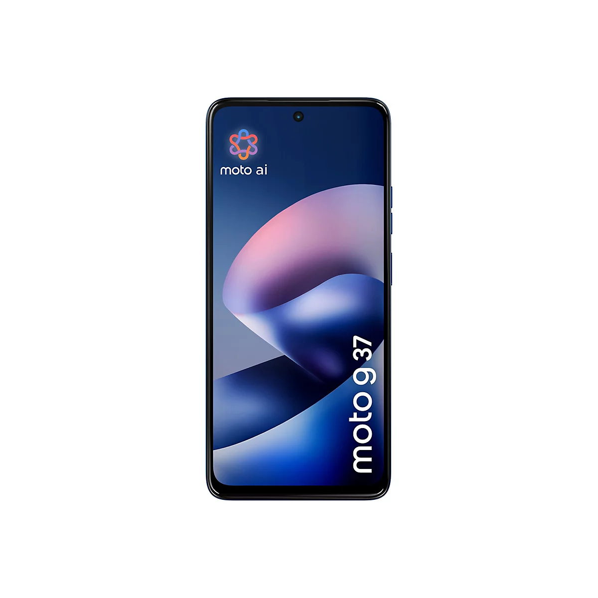 Frontansicht des Smartphones Motorola moto g37 mit abstraktem blauem Displayhintergrund und Moto AI Logo.