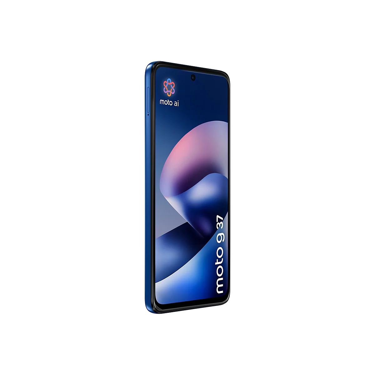 Blaues Motorola Moto g37 Smartphone in Frontalansicht mit eingeschaltetem Display und Moto AI Logo.