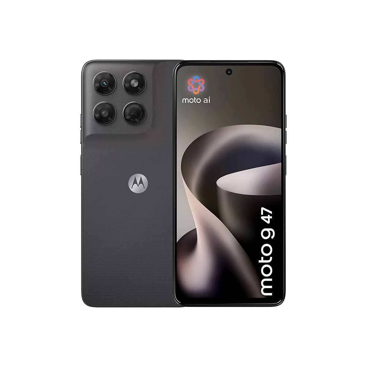 Dunkelgraues Motorola moto g 47 Smartphone. Vorderansicht mit Display und Rückansicht mit quadratischem Kameramodul.