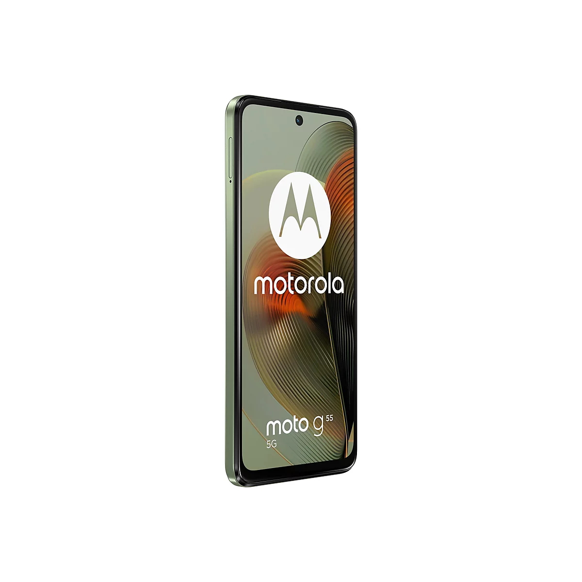 Hellgrünes Motorola-Smartphone. Auf dem Display das Motorola-Logo und Schriftzug Moto g55 5G.