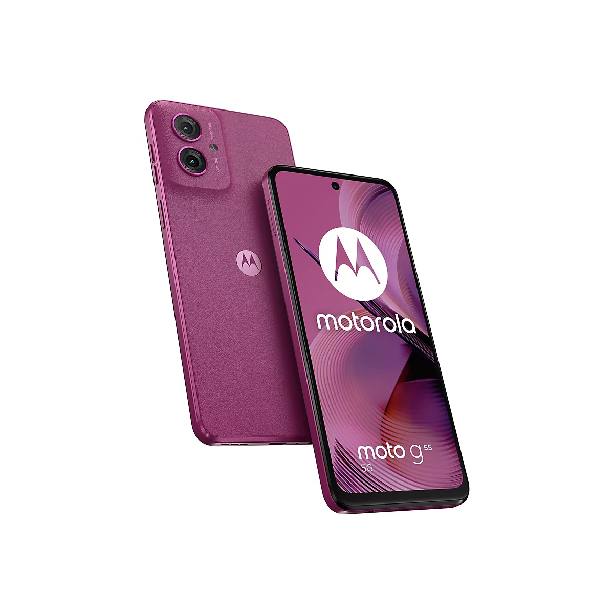 Zwei magenta Smartphones. Auf dem Display ist das Motorola-Logo zu sehen, daneben steht „moto g55 5G“.
