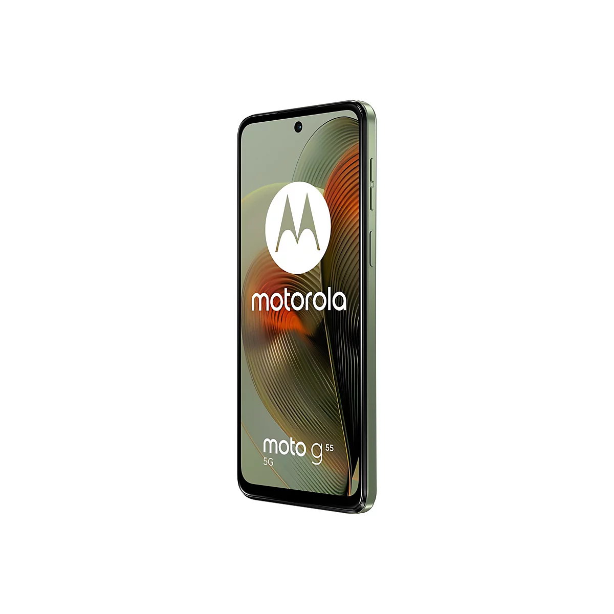Motorola Moto g55 5G Smartphone im Dreiviertel-Profil. Auf dem Bildschirm das Motorola-Logo, im Hintergrund Muster.