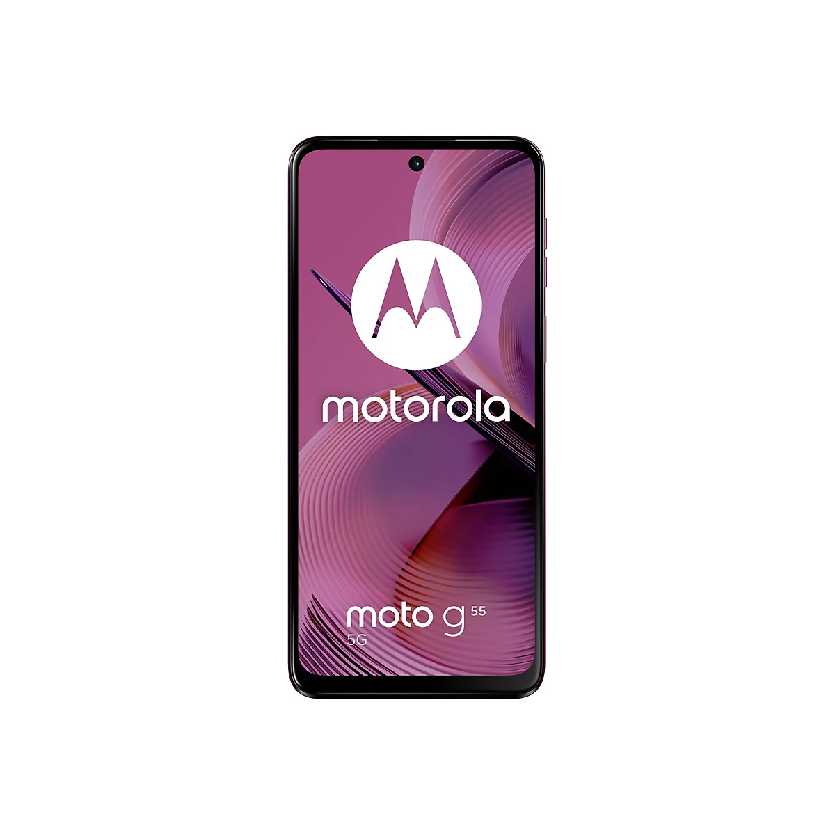 Motorola Moto G55 5G Smartphone aufrecht, Display mit Logo und Schriftzug. Lila Hintergrund.