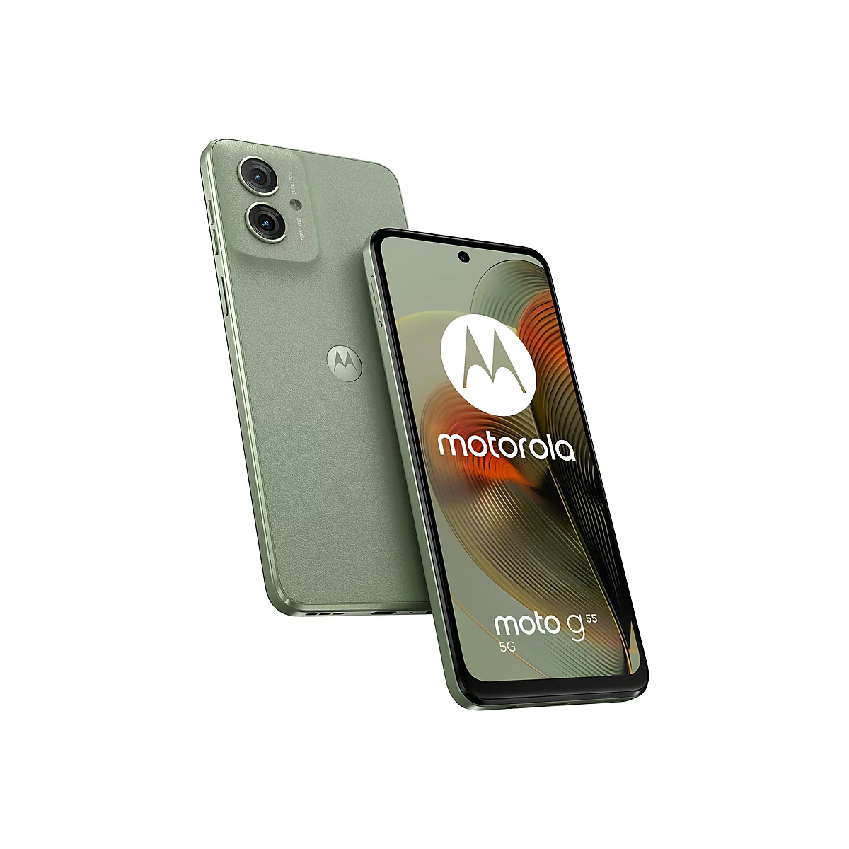 Zwei grünliche Motorola Moto G55 Smartphones vor weißem Hintergrund. Das vordere Smartphone zeigt das Logo und den Schriftzug 'moto g55'.