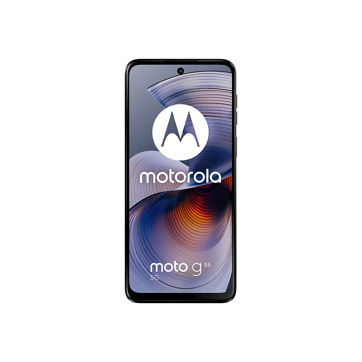 Smartphone Motorola Moto G55, weißes Motorola-Logo, Schriftzug. Auf dem Bildschirm abstraktes Design.