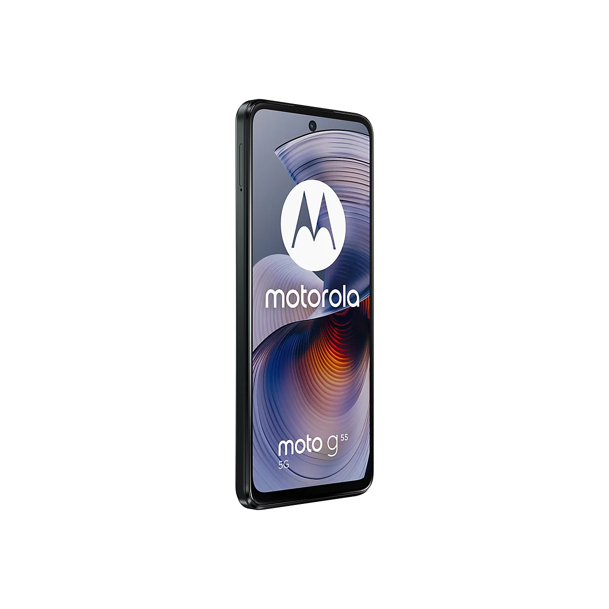 Schwarzgraues Smartphone, das leicht schräg nach rechts geneigt ist. Auf dem Bildschirm sind das Motorola-Logo und die Aufschrift 'moto g55 5G' zu sehen.