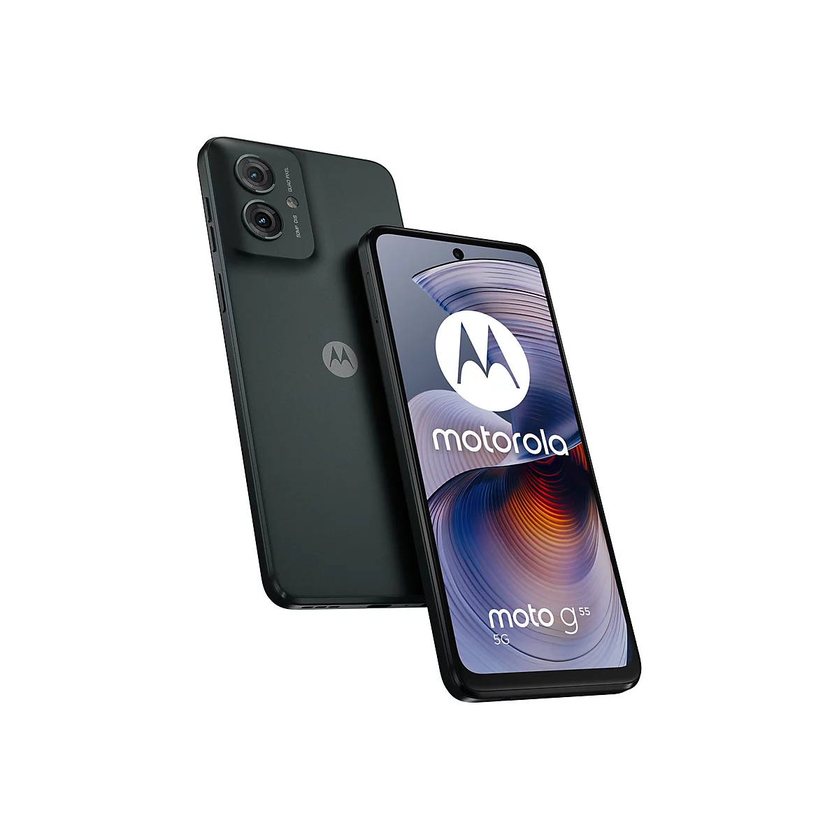 Zwei schwarze Smartphones, das vordere zeigt das Motorola-Logo und die Aufschrift Moto g55 5G.