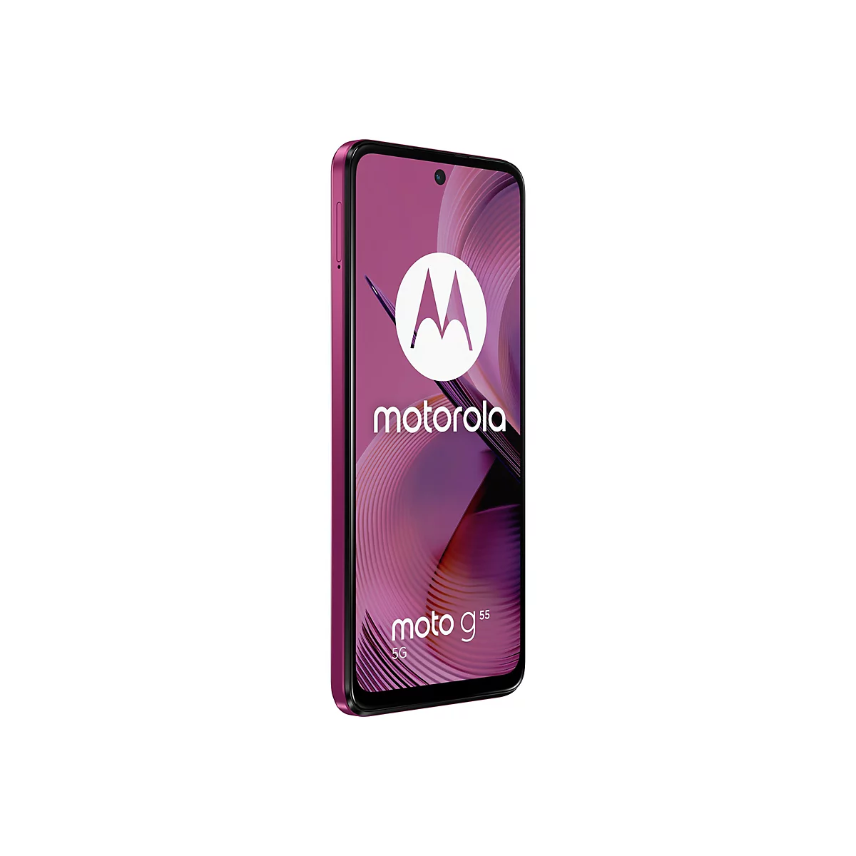 Ein pinkfarbenes Motorola Moto g55 5G-Smartphone, das schräg auf einem weißen Hintergrund steht. Auf dem Bildschirm sind Logo und Modellbezeichnung zu sehen.