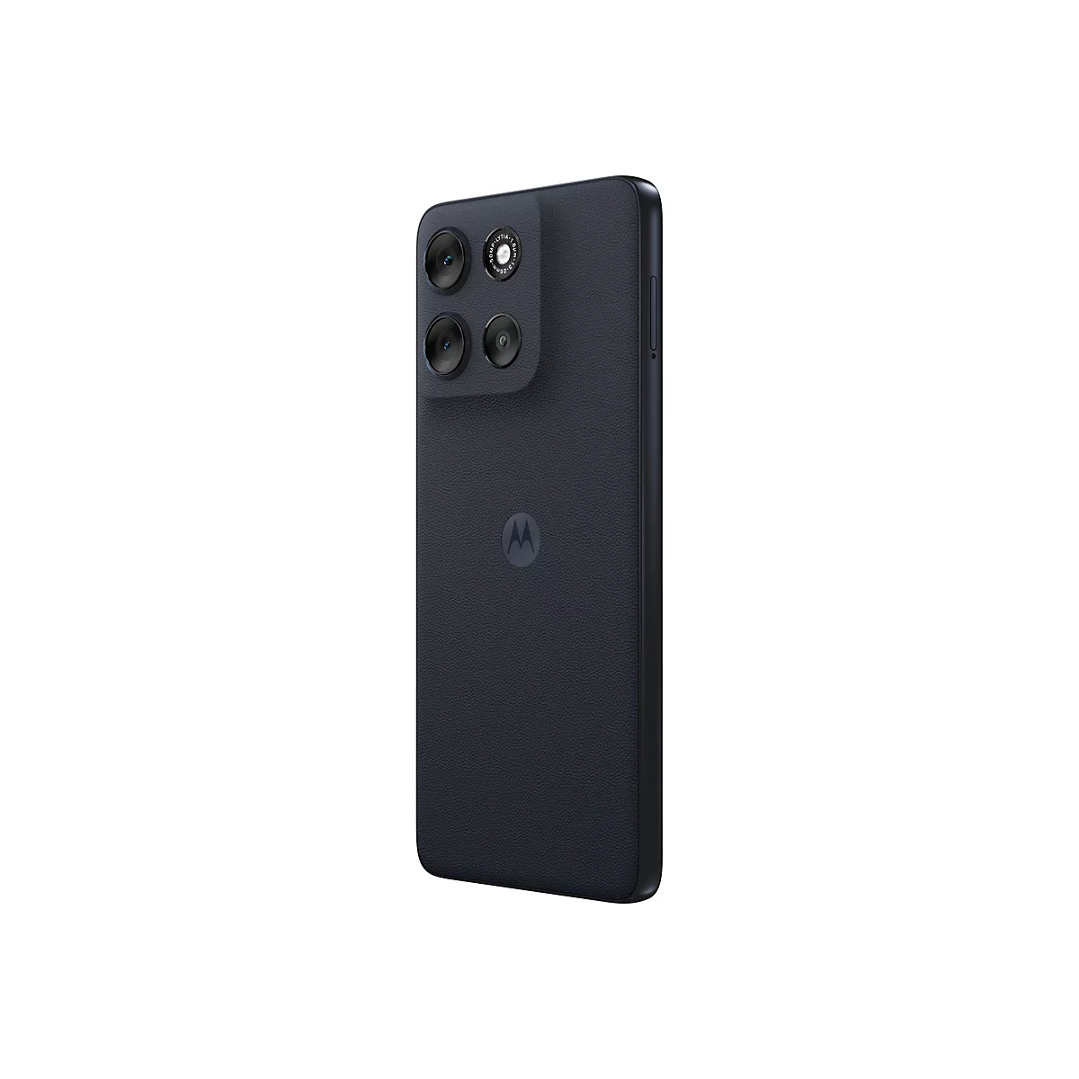 Rückseite eines schwarzen Motorola Smartphones mit texturierter Oberfläche und markantem, quadratischem Kameramodul.