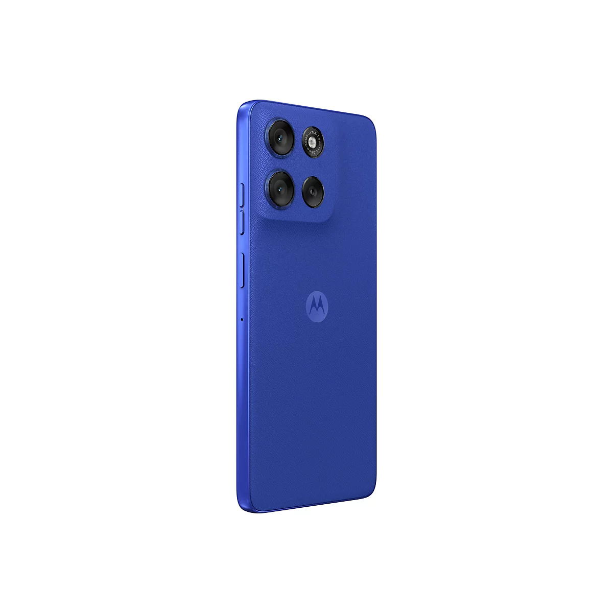 Blaues Smartphone im Dreiviertelprofil. Auf der Rückseite sind Kameraobjektive zu sehen, darunter das Motorola-Logo. Auf weißem Hintergrund.