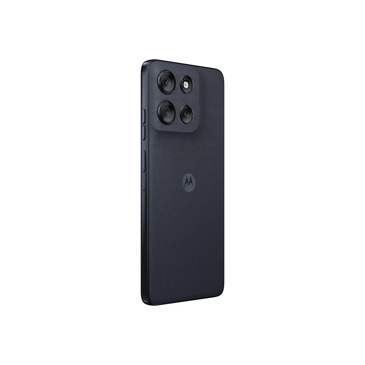 Rückseite eines schwarzen Motorola-Smartphones mit strukturierter Oberfläche und markantem Kamera-Modul.