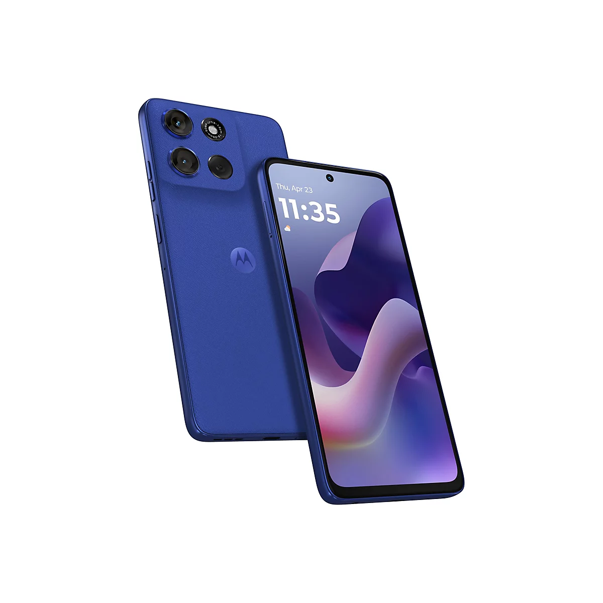 Zwei blaue Smartphones, eines mit Display, das andere mit Kamera, vor weißem Hintergrund. Datum und Uhrzeit auf dem Bildschirm.