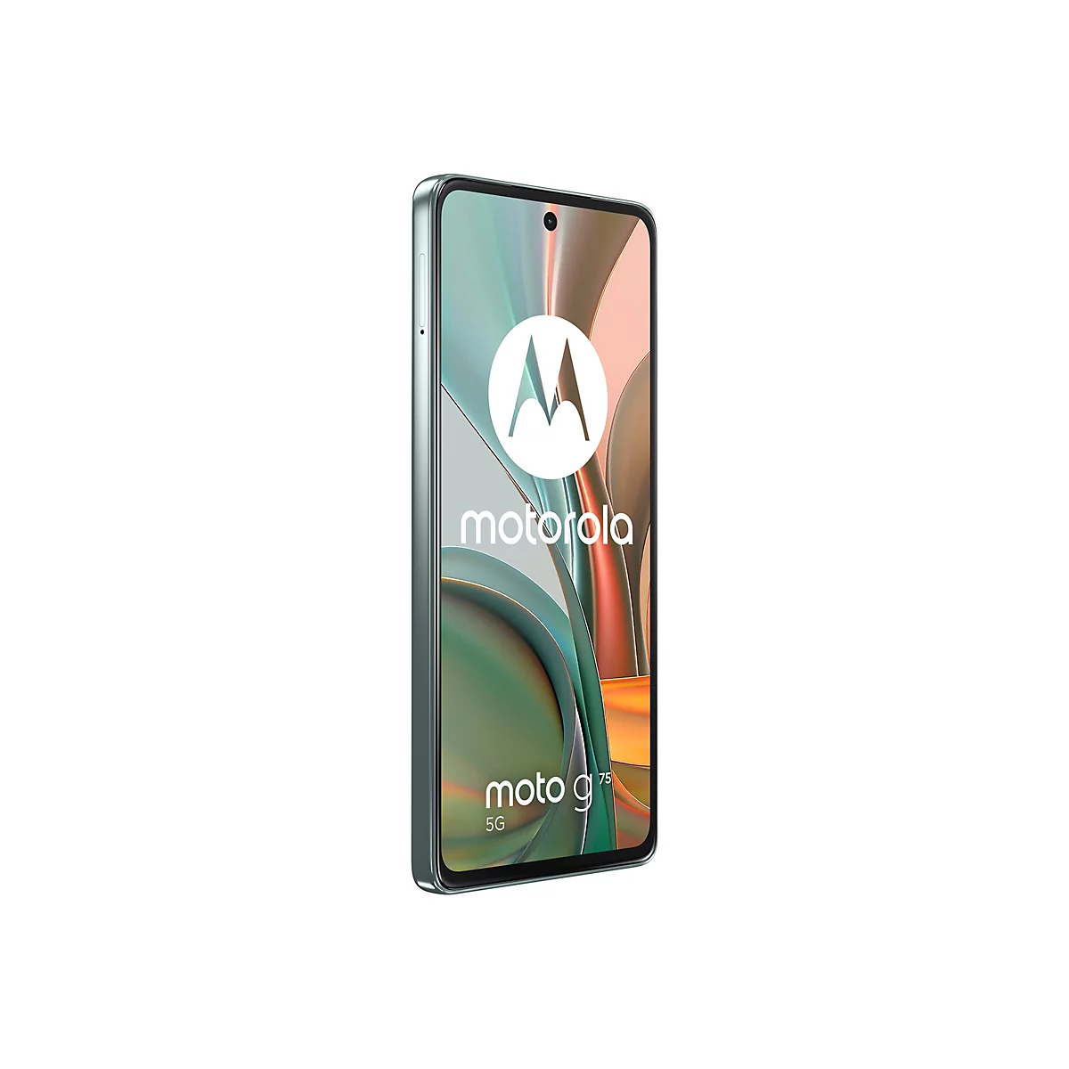 Hellgrünes Motorola-Smartphone. Auf dem Bildschirm sind ein Logo und Schriftzüge zu sehen. Das Handy steht vor weißem Hintergrund.