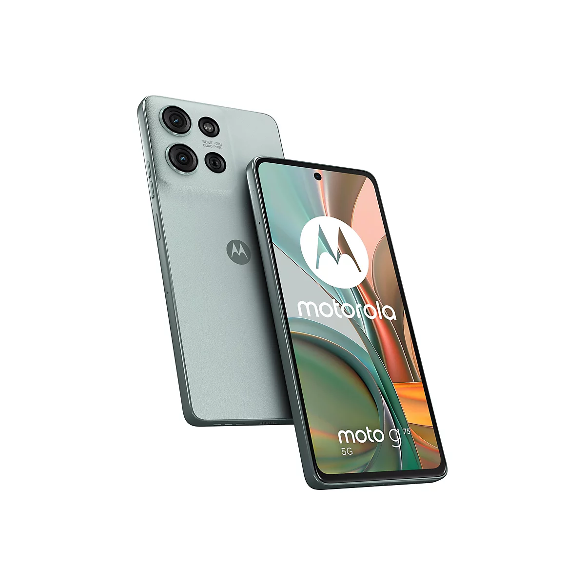 Hellgrünes Motorola-Smartphone. Im Vordergrund das Display mit Logo und Schriftzug. Im Hintergrund Rückseite und Kamera.