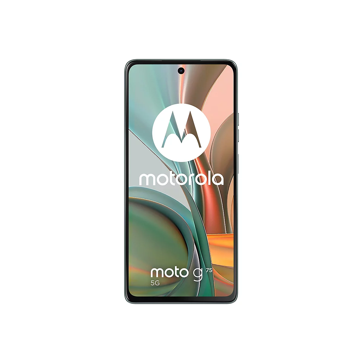 Smartphone Motorola Moto G75 5G auf weißem Hintergrund. Auf dem Display das Motorola-Logo und Schriftzug.