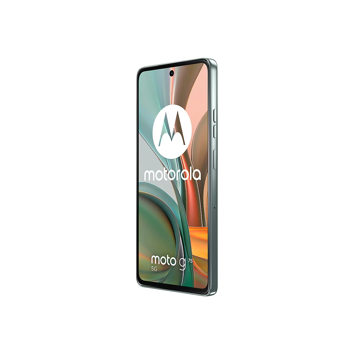 Ein Smartphone Motorola Moto G75 5G, grün, auf weißem Hintergrund. Das Display zeigt das Motorola Logo und Schriftzüge.