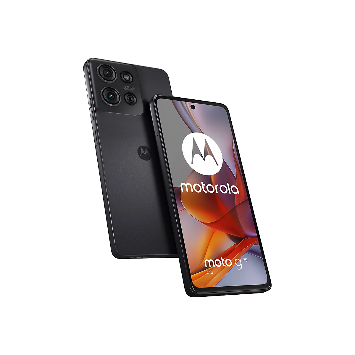 Ein schwarzes Motorola Moto G75 5G-Smartphone, das schräg auf einem weißen Hintergrund steht. Das Display zeigt das Motorola-Logo und orangefarbene Farbtöne.