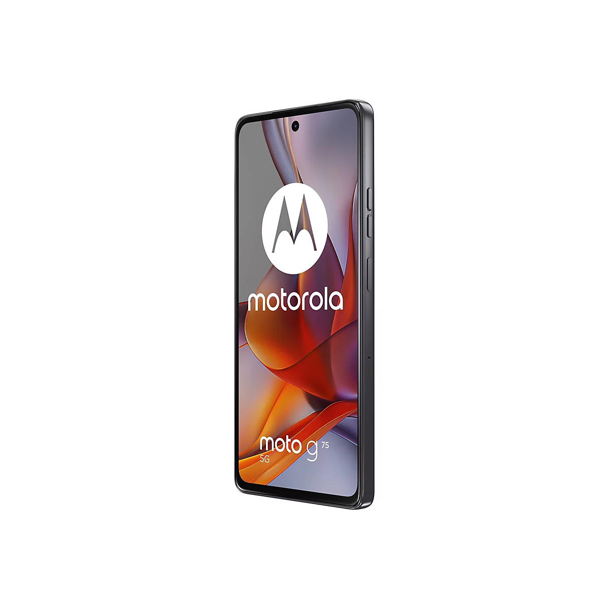 Ein schwarzes Motorola Moto g75 5G Smartphone auf weißem Hintergrund. Das Display zeigt das Motorola-Logo und orangefarbene Wellen.