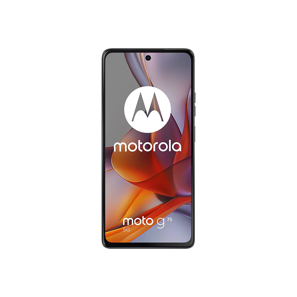Schwarzes Motorola Moto g75 5G Smartphone, das auf dem Bildschirm das Motorola-Logo und den Schriftzug Moto g75 anzeigt.