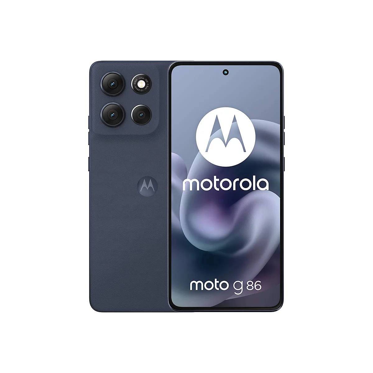 Dunkelblaues Smartphone mit Kamera-Modulen. Auf dem Display: Logo und Schriftzug Motorola, sowie "moto g 86".