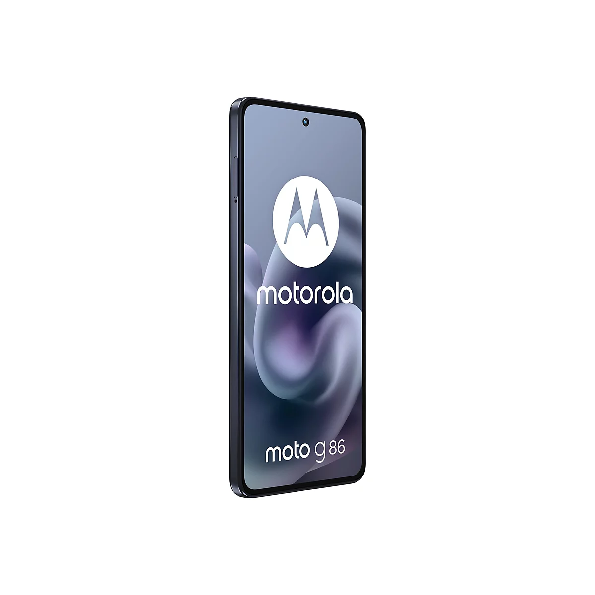 Ein schwarzes Smartphone mit dem Motorola-Logo und der Aufschrift "moto g86" auf dem Bildschirm.