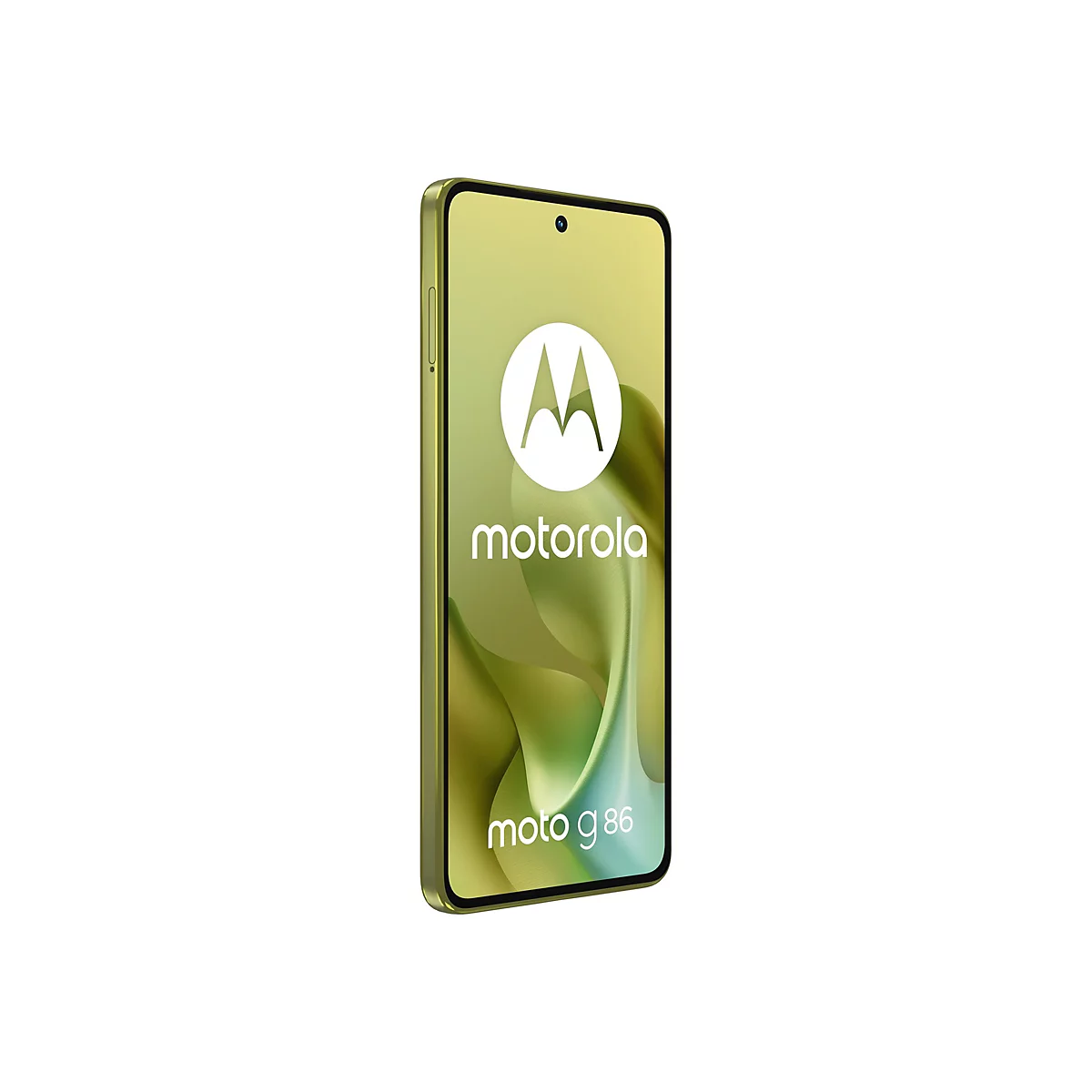 Ein Mobiltelefon Motorola Moto g86 in Gold vor weißem Hintergrund. Das Display zeigt das Motorola-Logo und das Wort Moto g86.