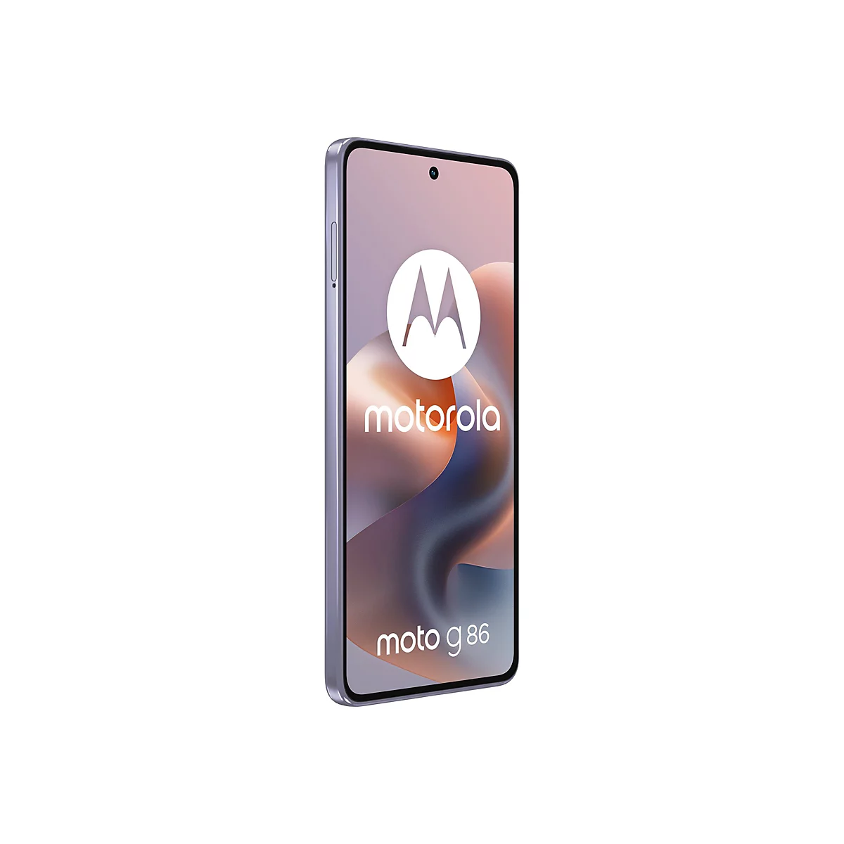 Ein Smartphone, violett. Auf dem Bildschirm sind ein Motorola-Logo und die Aufschrift "moto g86" zu sehen.