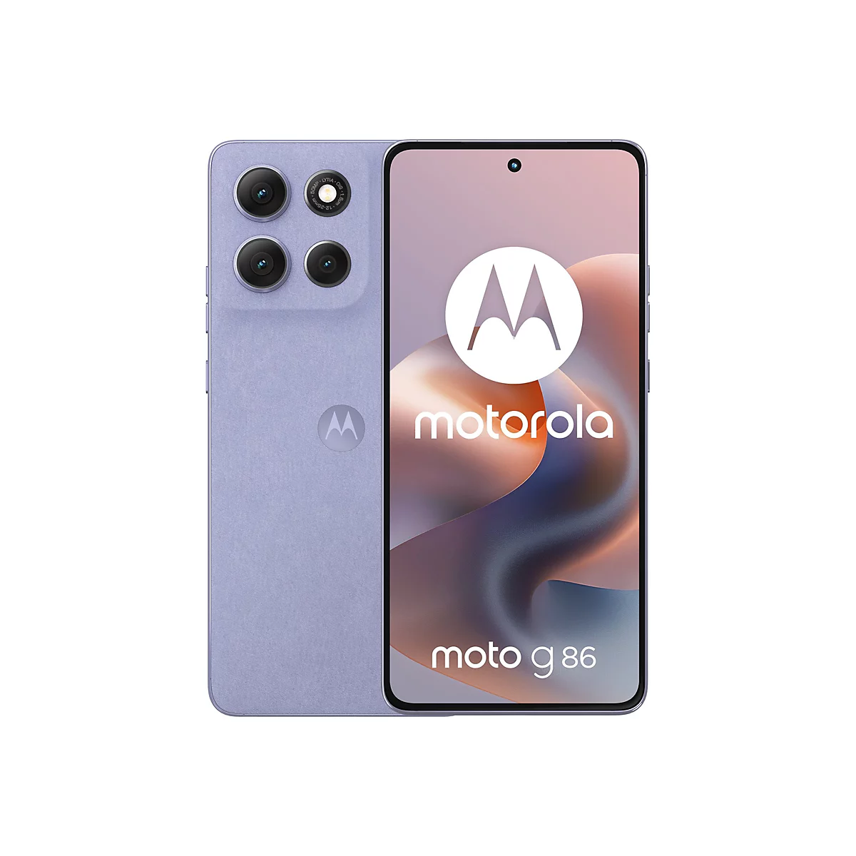 Hellblaues Motorola Smartphone, Vorderseite mit Logo und Schriftzug, Rückseite mit Kamera und Blitz.